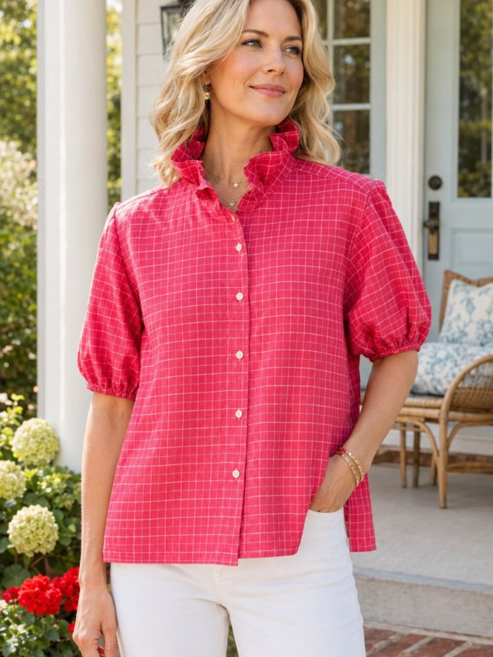 IZOD Red Plaid Oxford Ruffle Collar Blouse, Women’s L/XL